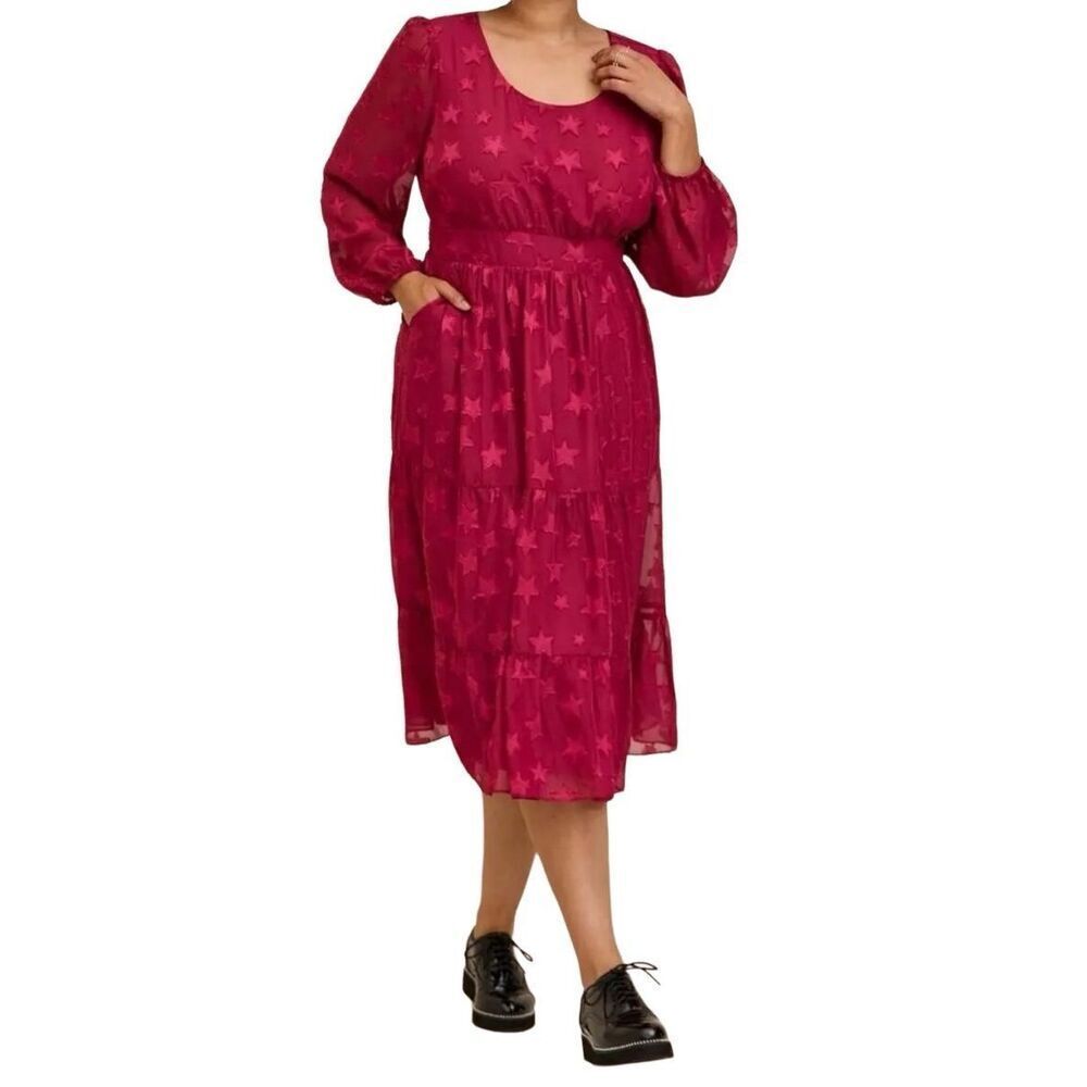 Torrid Dress Womens Plus SZ 1X 14/16 Chiffon Mesh Clip Dot Star Tiered Burgundy